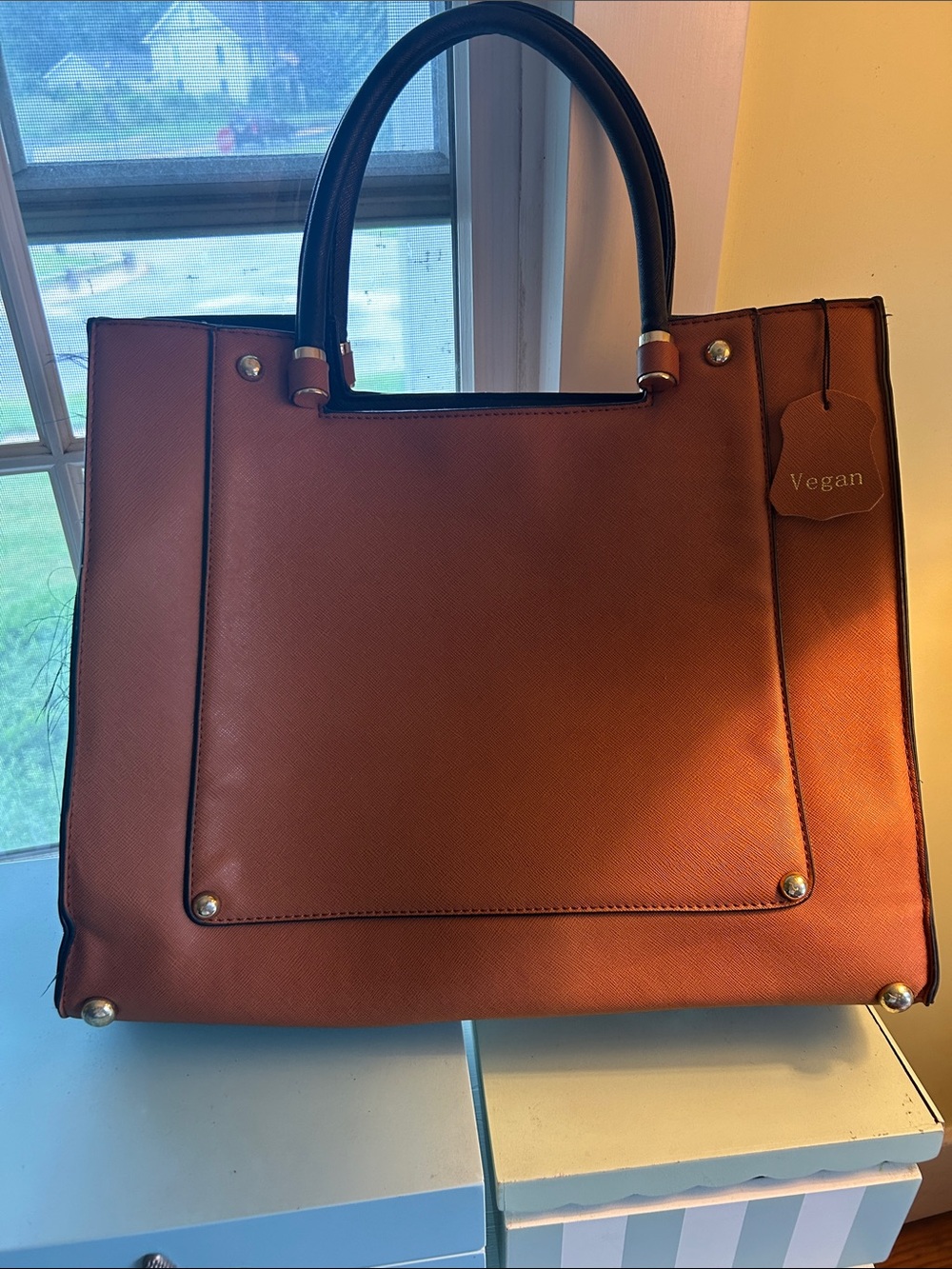 Vegan Brown Structured Tote Bag with Black Handles